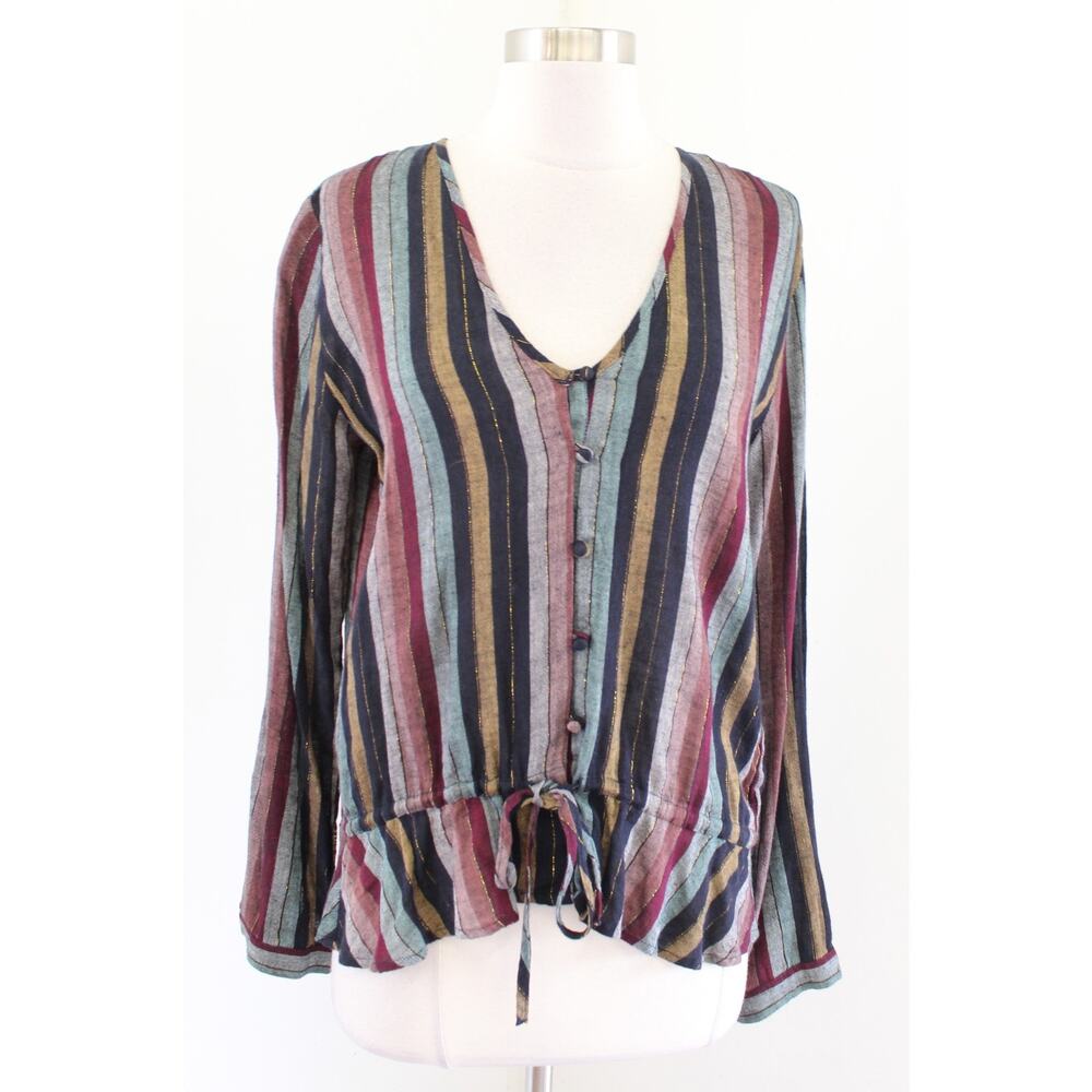 Rails Beaux Top in Varadero Stripe Size S Metallic Tie Ruffle Waist Blouse Linen